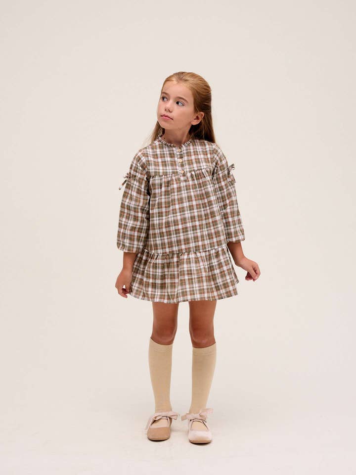 Brown and green checkered girl's dress for wholesale by Dadati