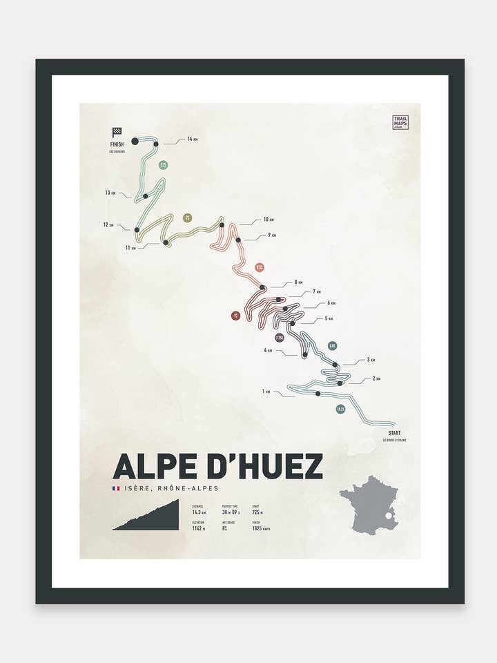 Alpe D'Huez Tvättad Väg Klättra Konsttryck för wholesale av Trailmaps.com