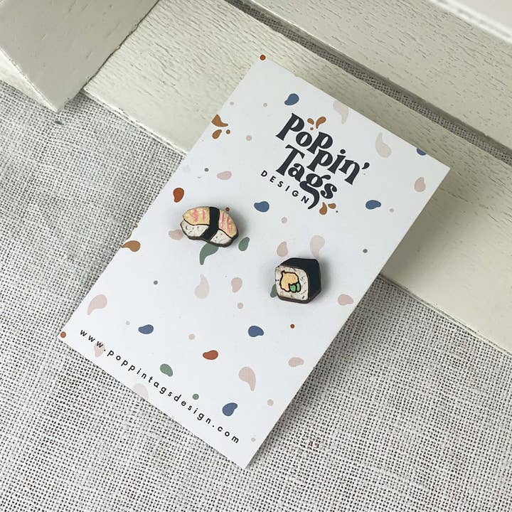 Houten oorbellen: Sushi voor wholesale door Poppin' Tags Design