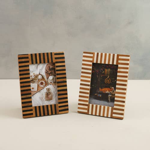 Ebony & Ivory Wood Striped Frames 4x6, Set of 2 for wholesale by India Handicrafts Inc