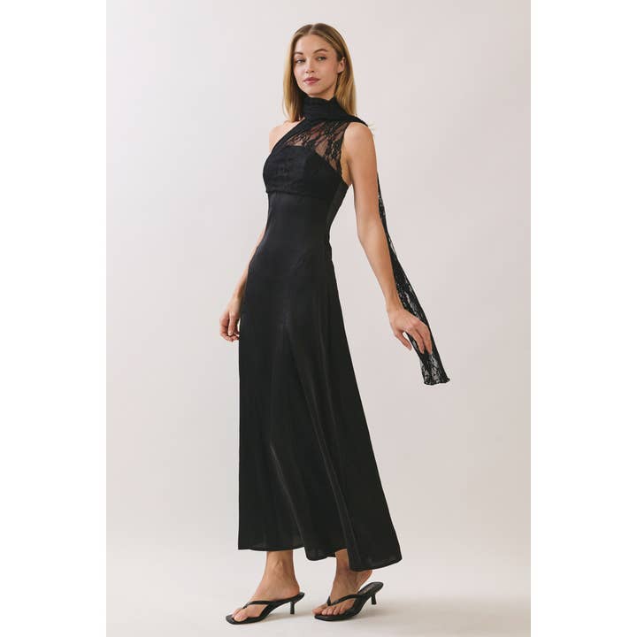 Lace Scarf Neck Satin Maxi Dress for wholesale by Honey Mango