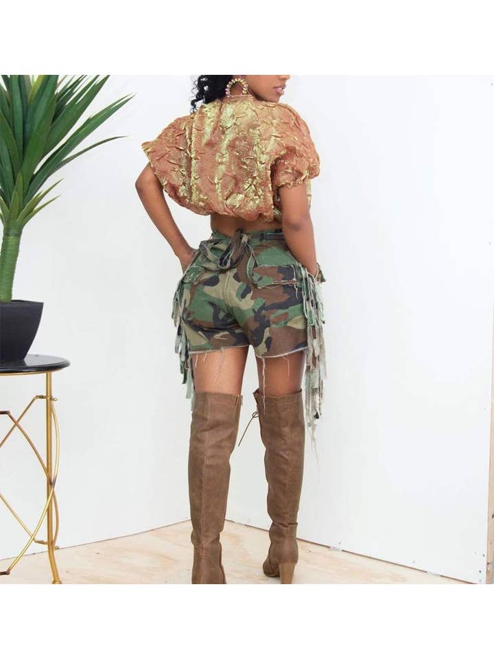 Queen Fashion - Wholesale Shorts - Women's - camouflage ripped pockets straight summer shorts8