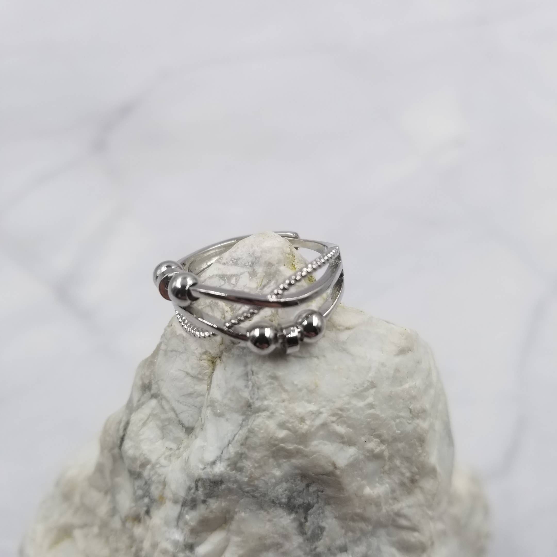 The Pretty Jewellery - Wholesale Band/Stacked Ring - Silver Beads Adjustable Anxiety Ring2
