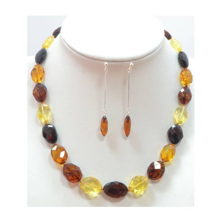 Big Faceted Olive Shape Multi Color Amber Necklace and Earrings Set for wholesale by The Natural Amber