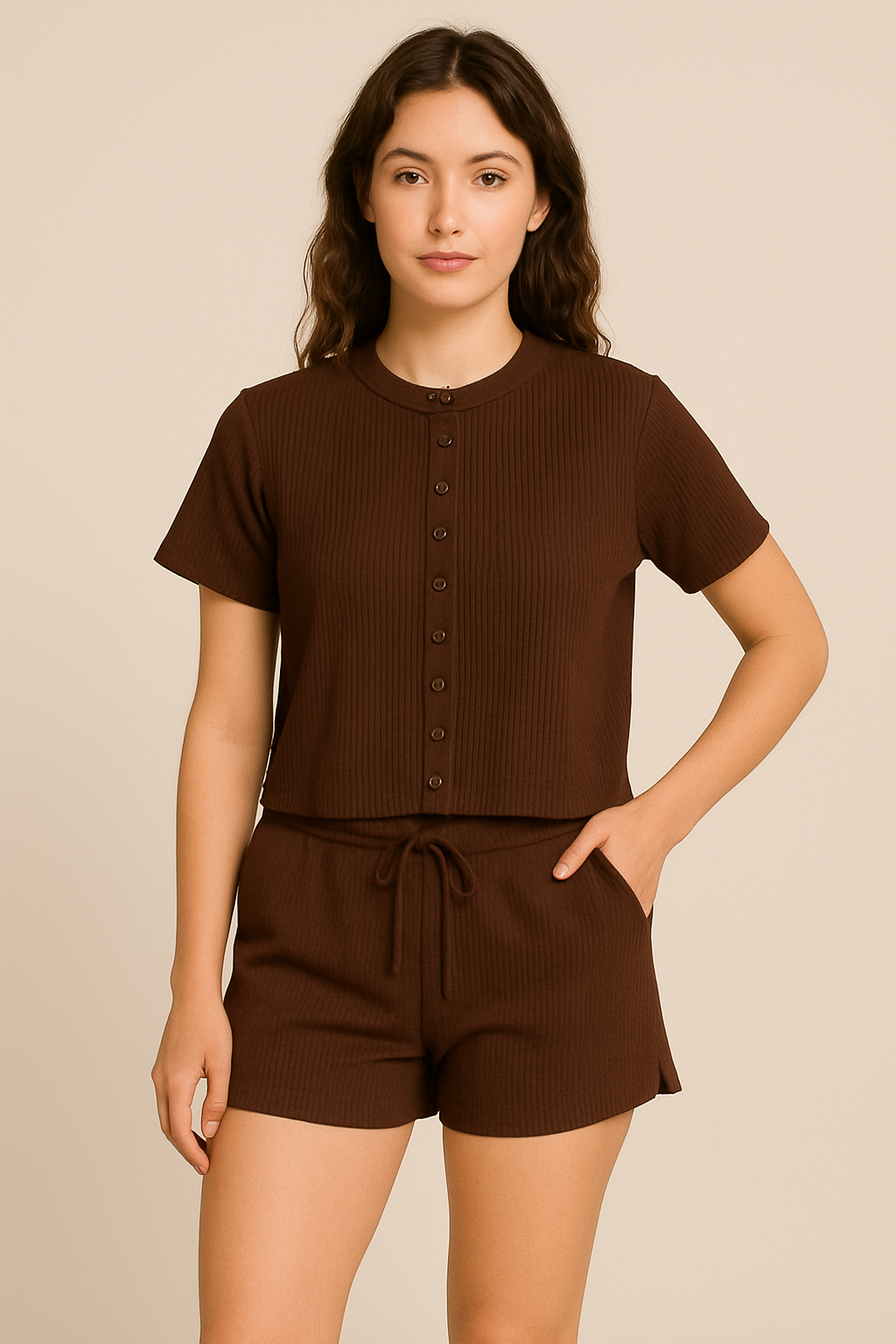 AX Labels - Wholesale Lounge Set - Women's - Ribbed Button Through Short Sleeve Top and Shorts Co-ord48