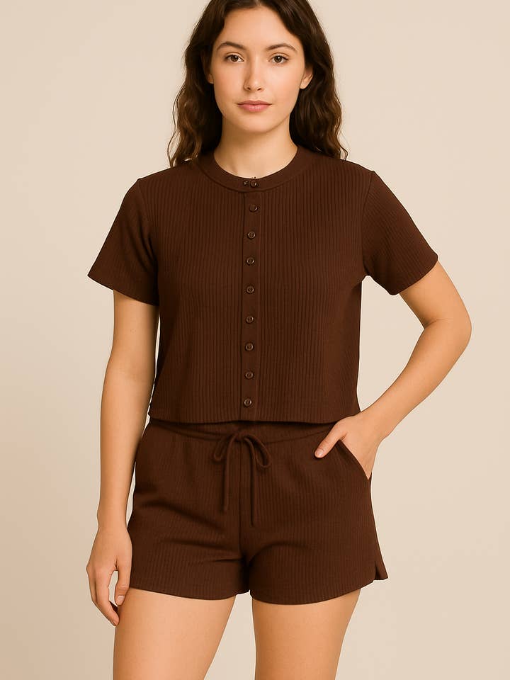 AX Labels - Wholesale Lounge Set - Women's - Ribbed Button Through Short Sleeve Top and Shorts Co-ord48