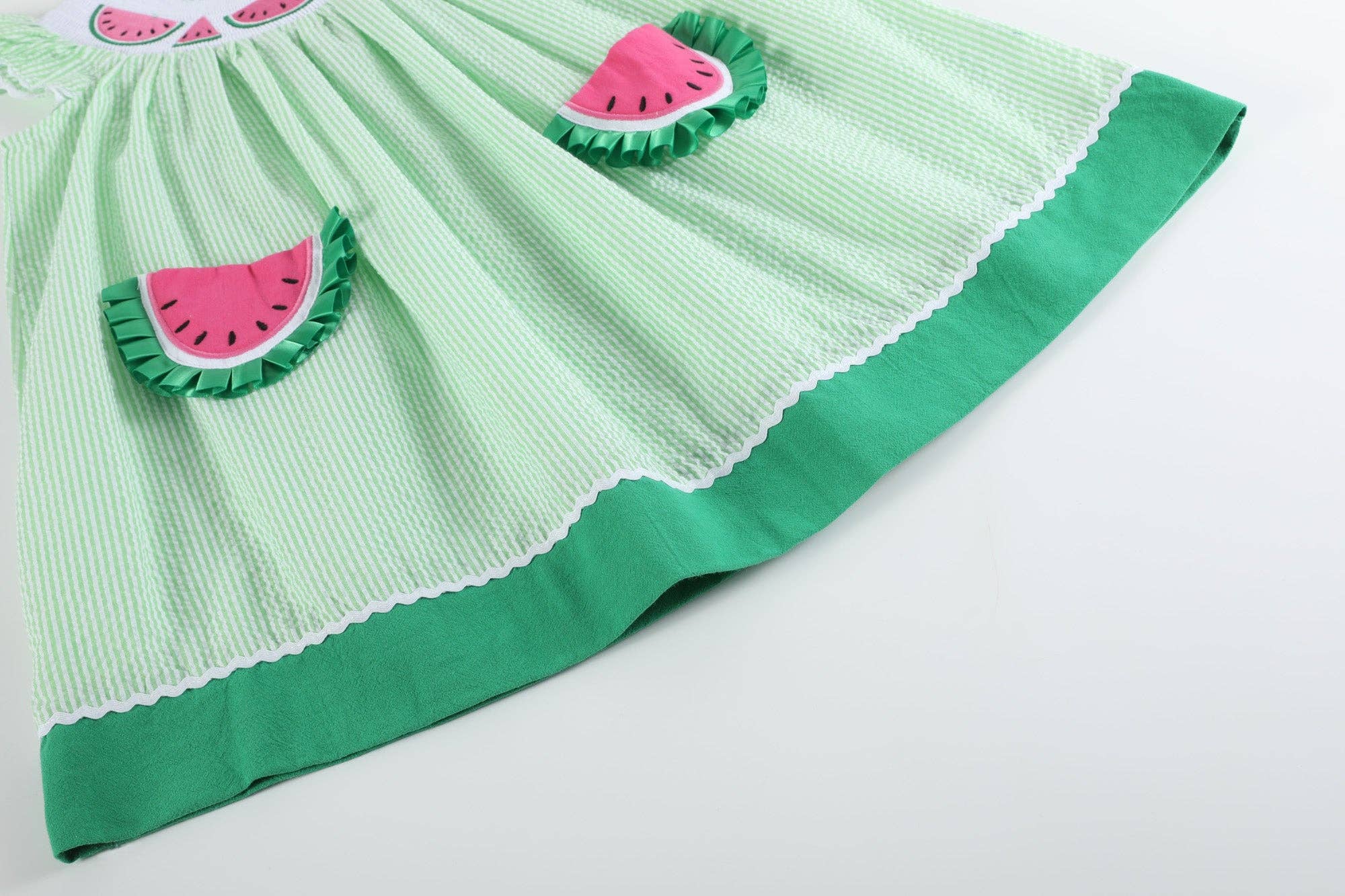 Lil Cactus - Wholesale Dress - Kids - Green Seersucker Watermelon Smocked Bishop Dress5