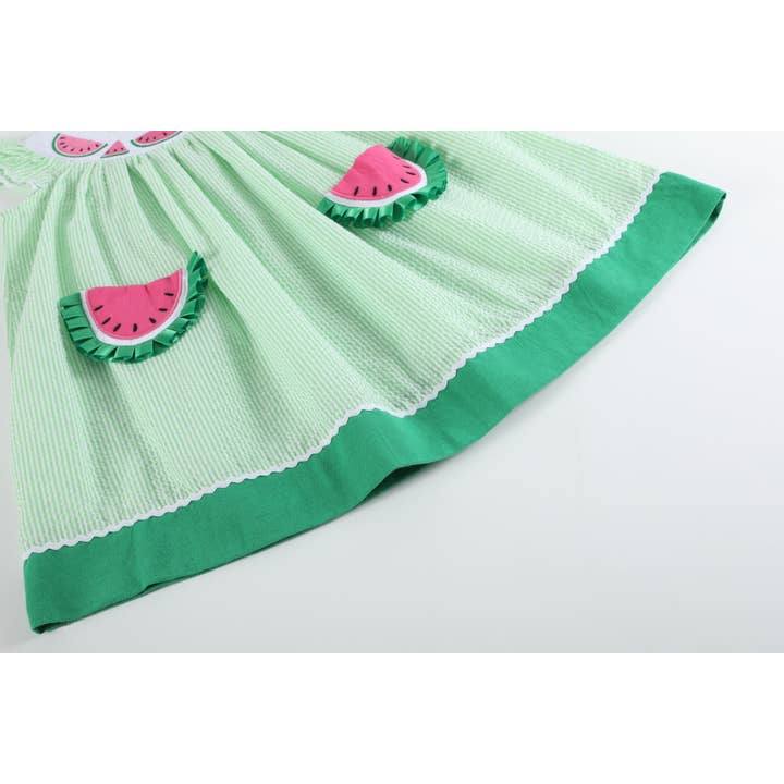 Lil Cactus - Wholesale Dress - Kids - Green Seersucker Watermelon Smocked Bishop Dress5