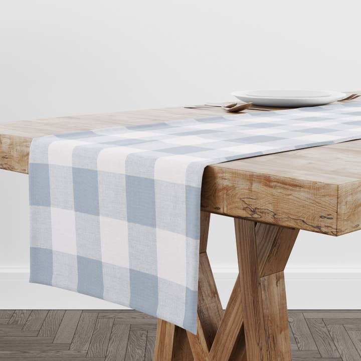Light Blue Buffalo Plaid Table Runner for Table Decor for wholesale by Blue Haven Decor