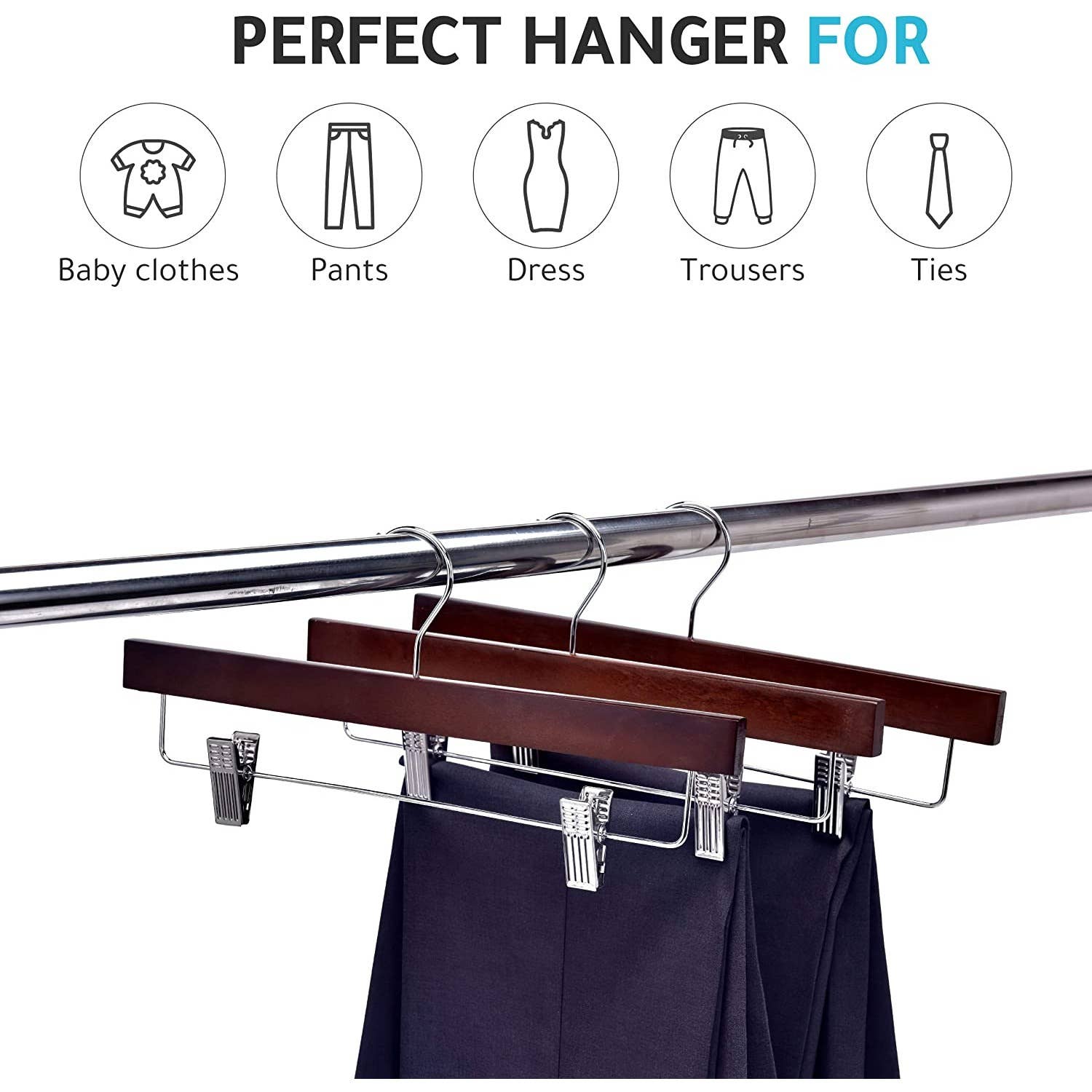 Quality Hangers - Wholesale Clothes Hangers - W023 - Wooden Straight Skirt Hangers-Walnut/Chrome Hook -10011