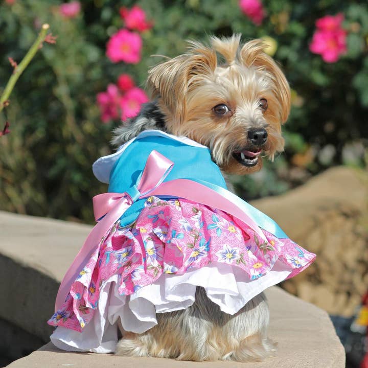 Doggie Design - Wholesale Pet Dress - Dog - Pink and Blue Plumeria Floral Dog Dress w/ Matching Leash