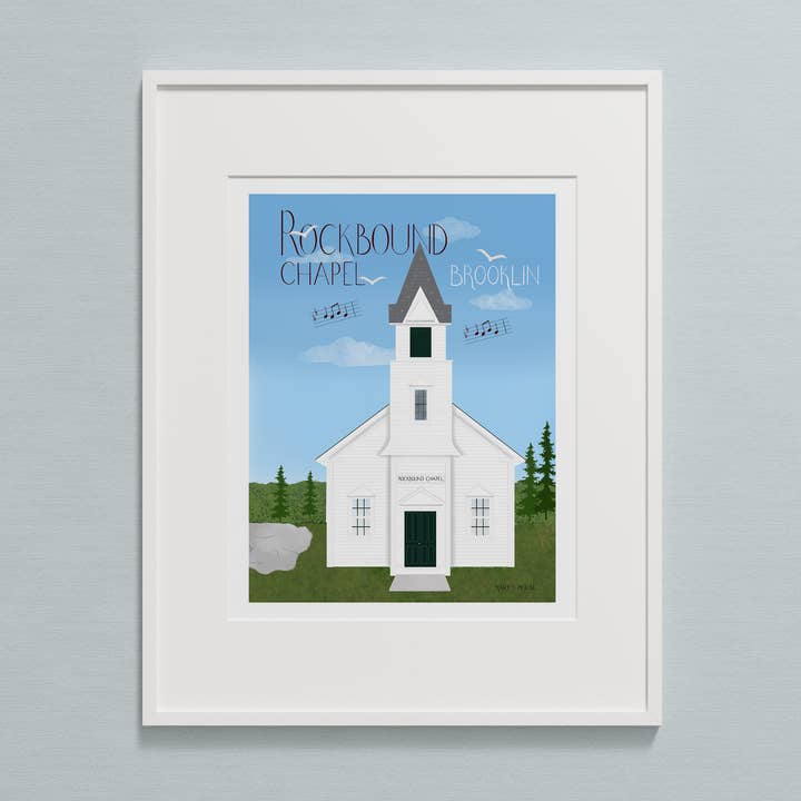 Rockbound Chapel Art Print - Brooklin Maine for wholesale by Mary McRae Illustration