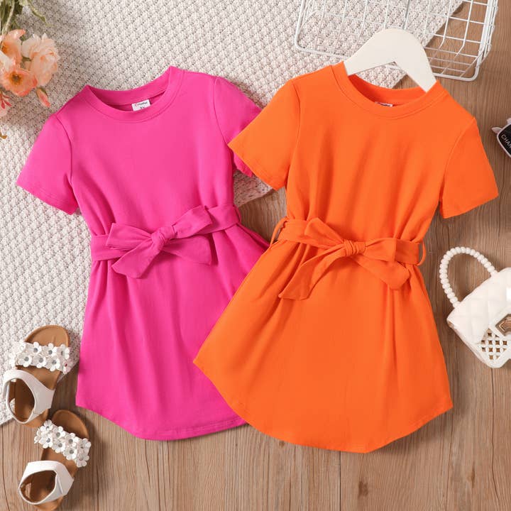 PatPat - Wholesale Dress - Kids - Toddler Girl Solid Curved Hem Short-sleeve Belted Dress