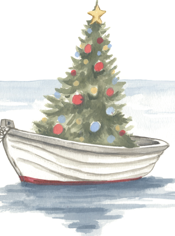 Jessica Frasz Studio - Wholesale Christmas Card - Coastal Holiday Christmas Tree boat greeting card / Nautical2