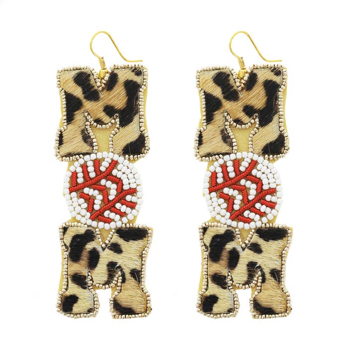 SP Sophia Collection - Wholesale Dangle Earrings - Leopard Print Faux Suede Baseball "Mom" Hook Dangle Earrings
