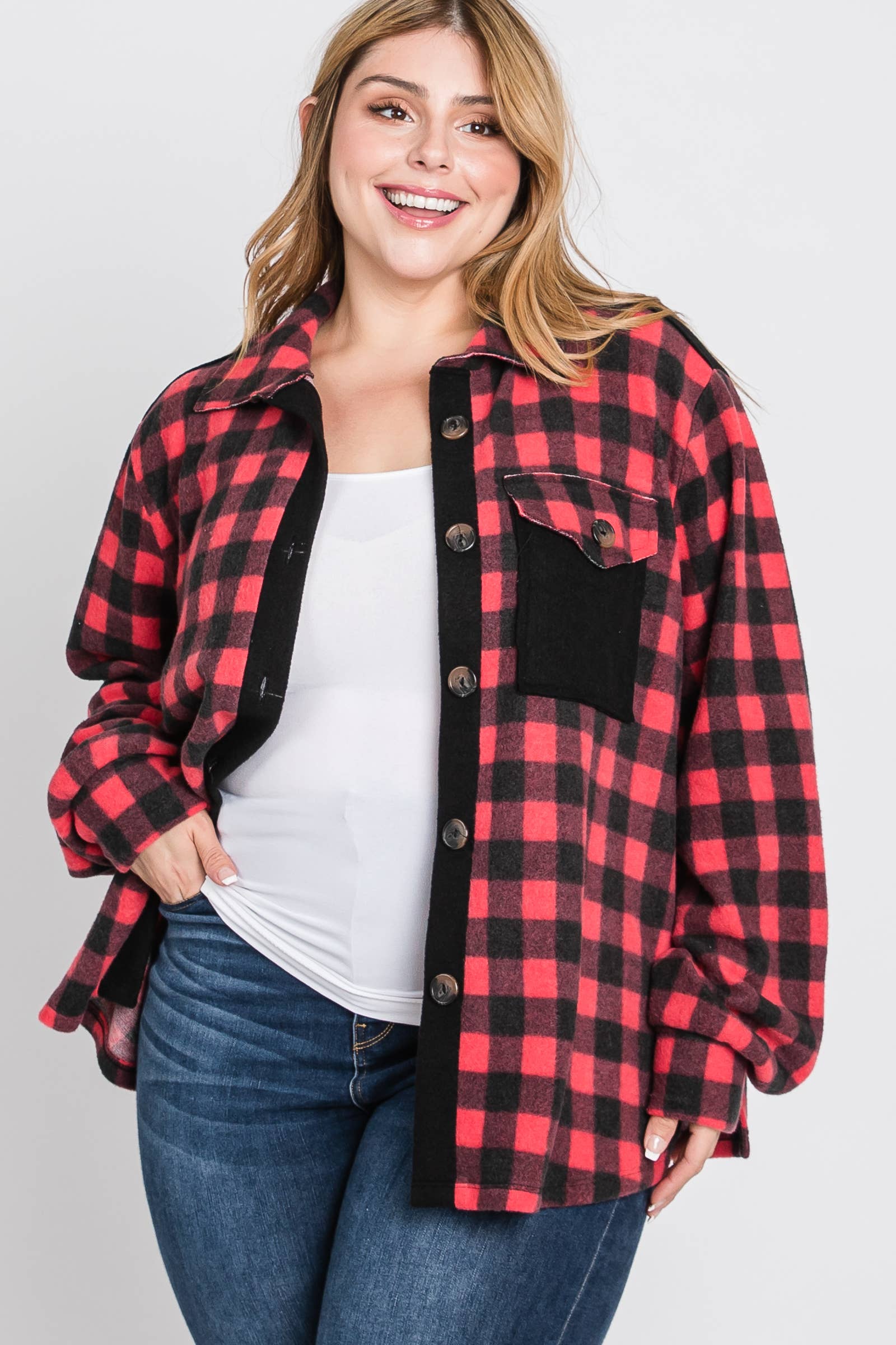 Red Plus Plaid brushed knit shirt jacket-PLT4604B for wholesale on Faire1