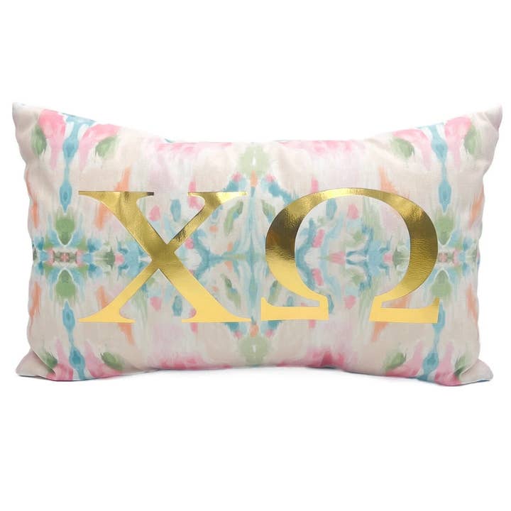 Cuscino Greco Kaleidoscopio in Lamina d'Oro Chi Omega Chi O per la vendita all'ingrosso da parte di Rachel Brooks Design, LLC