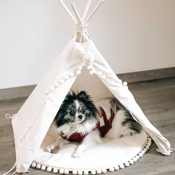 MINICAMP – wholesale Pet bed – Cat/dog – MINICAMP Dog Teepee & Large Cat Tent in Ecru with Pompoms – Size M2