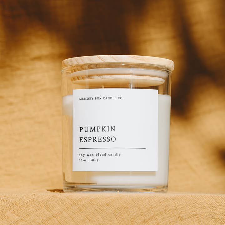 Pumpkin Espresso - 10 oz. Clear Glass Soy Candle for wholesale by Memory Box Candle Co.