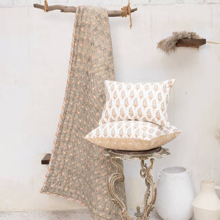 Noor- Hand Block-Printed Hand Quilted Reversible Throw (Mocha Brown) for wholesale by Thar Living