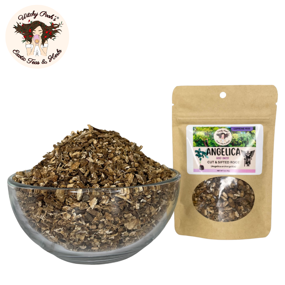 Witchy Pooh's Exotic Teas & Herbs – Chá solto por atacado – Chá de Angélica da Bruxa Pooh - Raiz Cortada e Peneirada, Espírito Santo5