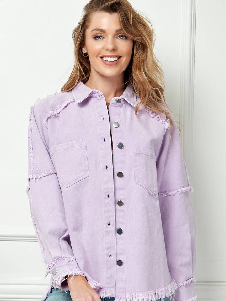 Raw Edge Button Front Denim Jacket for wholesale by Cezele