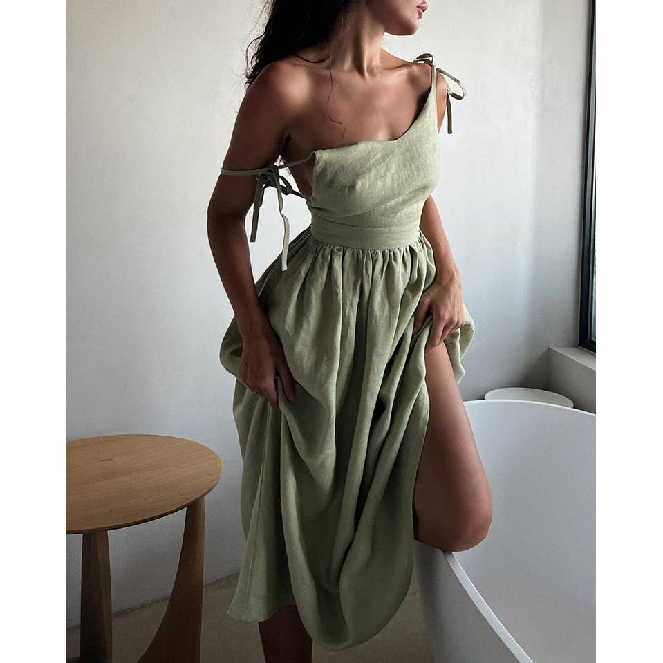 Mapcie - Wholesale Dress - Women's - SLEEVELESS TIE SHOULDER MIDI DRESS WITH FULL LINING6