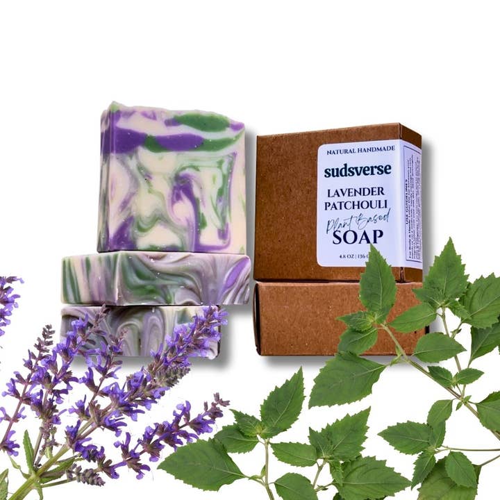 Lavender & Patchouli Artisan Soap | Handmade Natural Calming Bar | Made in USA for wholesale by Sudsverse
