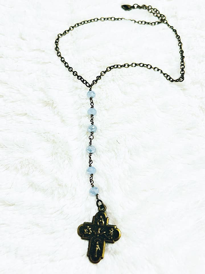 Bronze Vintage Cross Baby Blue Swarovski Necklace for wholesale by Petals Jewelry Designs By Brandi Crain