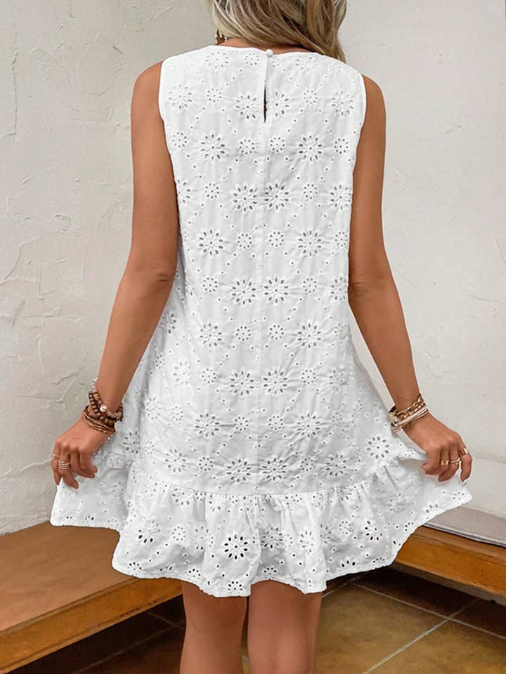 White Bohemian Eyelet Lace Floral Ruffled Hem Vest Dress for wholesale on Faire
