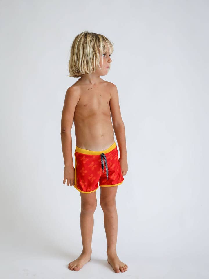 Toddler Soft Shorts for Swim in Red Breadfruit Bandana for wholesale by Of One Sea