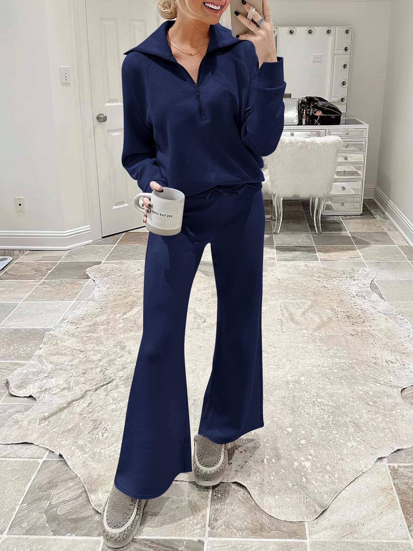 Queen Fashion - Wholesale Top & Skirt Set - Women's - long sleeved sweater wide leg pants two piece set76