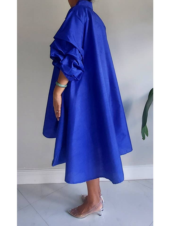 India Batik – Engroshandel Kjole - Dame – Swingkjole i kunstsilke med flæseærmer - Royal blå5