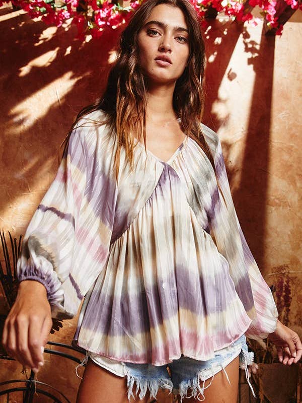 BLUSH CAMEL T1190-1C OUTLET SALE Ombre Lurex Chiffon Babydoll Blouse Top for wholesale on Faire1