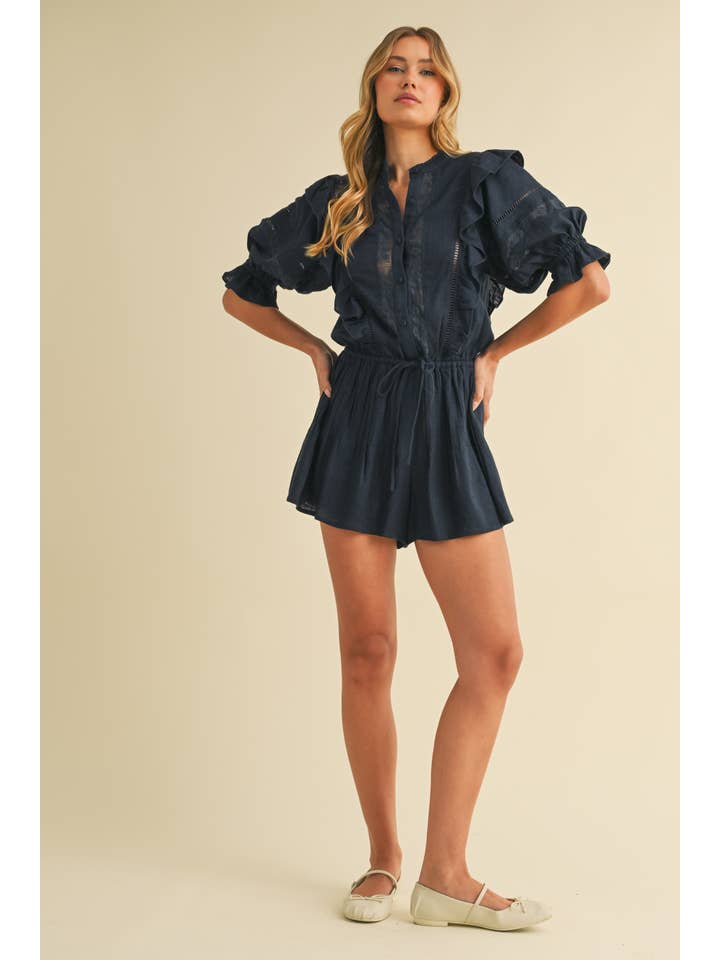 Klesis - Wholesale Romper - Women's - IR2223 LINEN PUFF SLEEVES FRILL AND BUTTON DOWN ROMPER