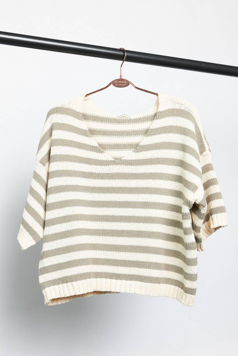 Newbury Kustom - Wholesale Knit Top - Women's - 11300-Striped Short Sleeve V-Neck Knit Top0