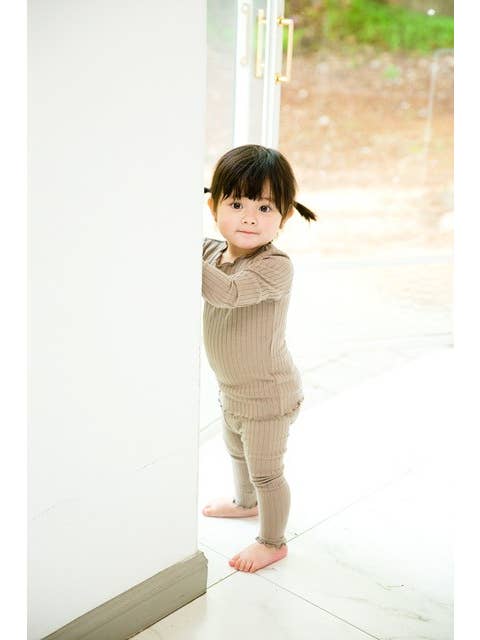 Shirring Modal Beige Long Sleeve PJs for wholesale on Faire