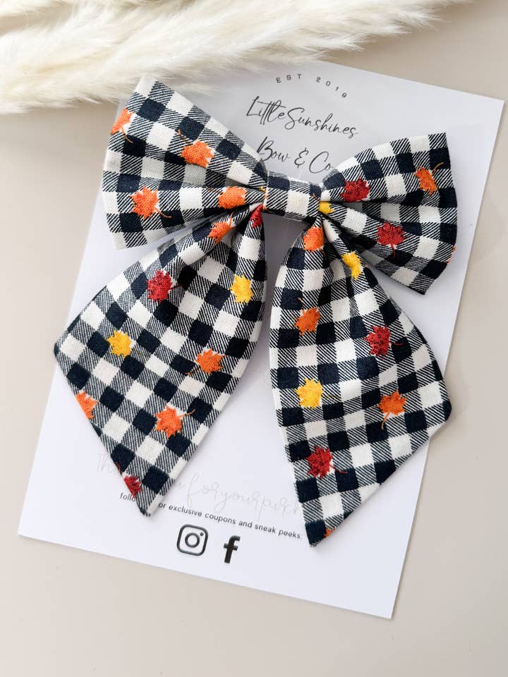 Navy Plaid with Leaves Fall Sailor Bow for wholesale by Little Sunshines Bow & Co