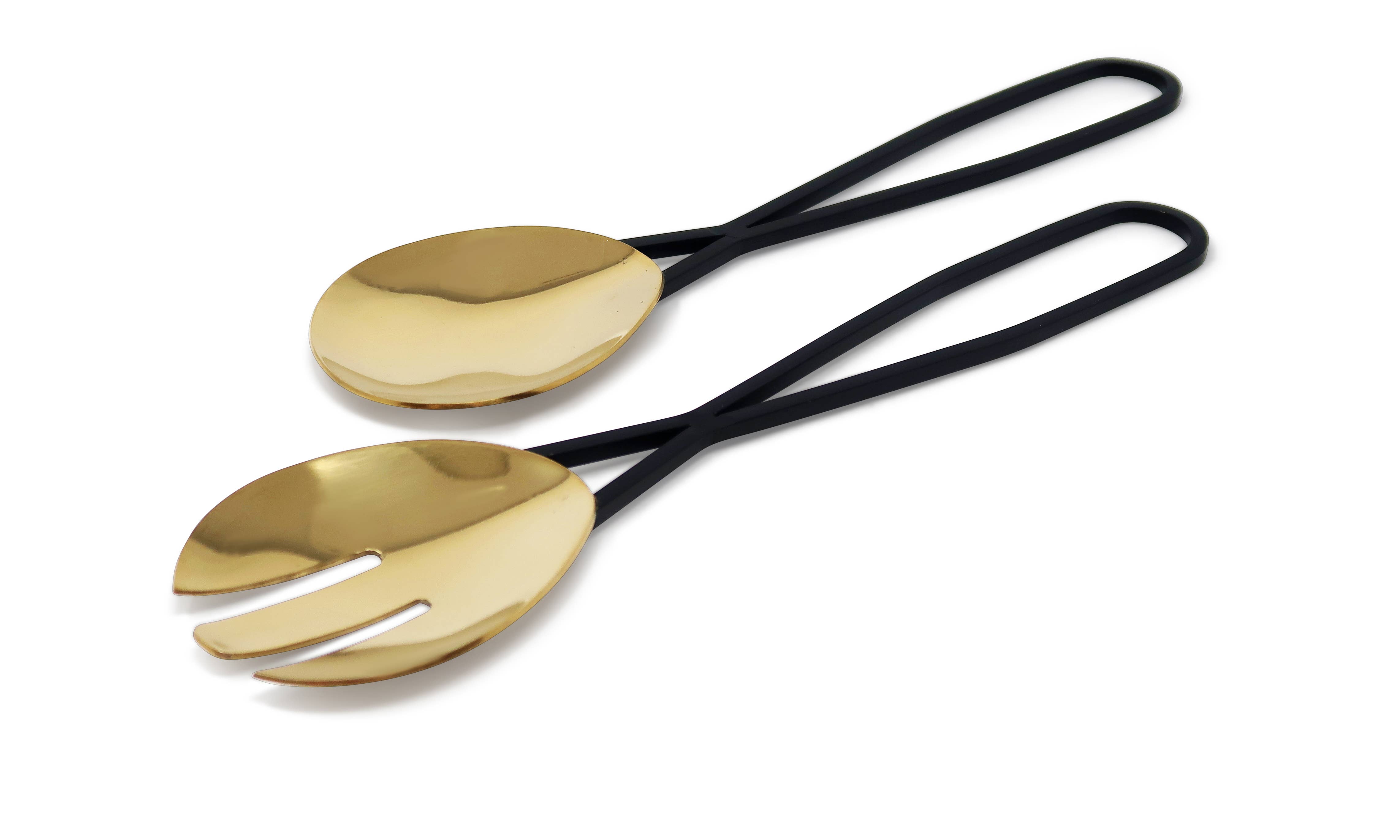 VIVIENCE - Wholesale Serving Utensil - Set of 2 Gold Salad Servers with Black Loop Handles1