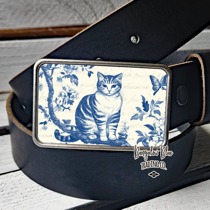Blue Chinoiserie Cat Belt Buckle for wholesale by Bungalow Blue Trading Co
