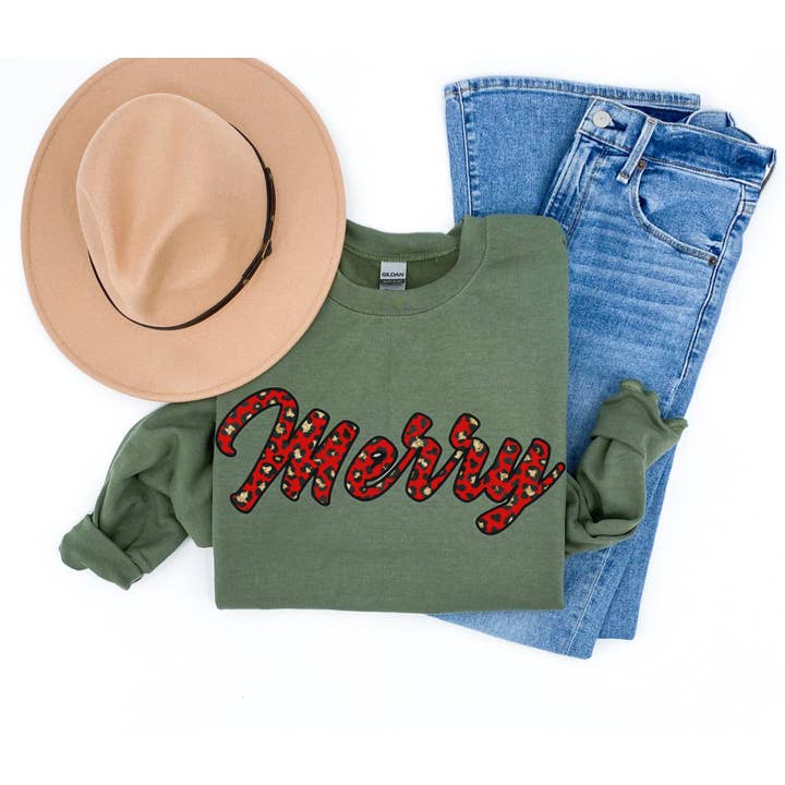 Red Leopard Merry on Olive sweater for wholesale by RR Tees Wholesale