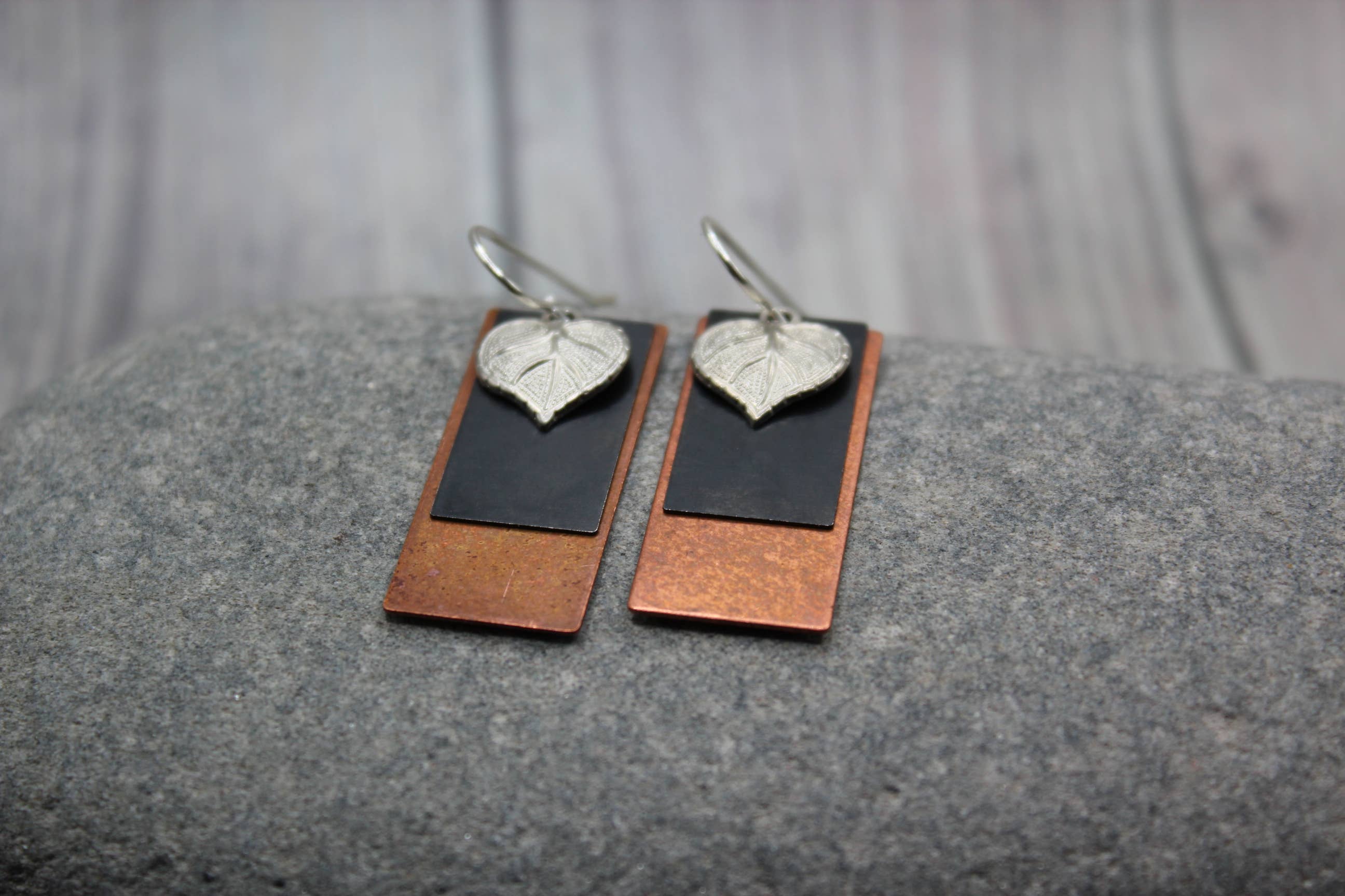 Harper House Studio - Wholesale Dangle Earrings - Layered Copper, Black & Silver Leaf Earrings – Mixed Metal1