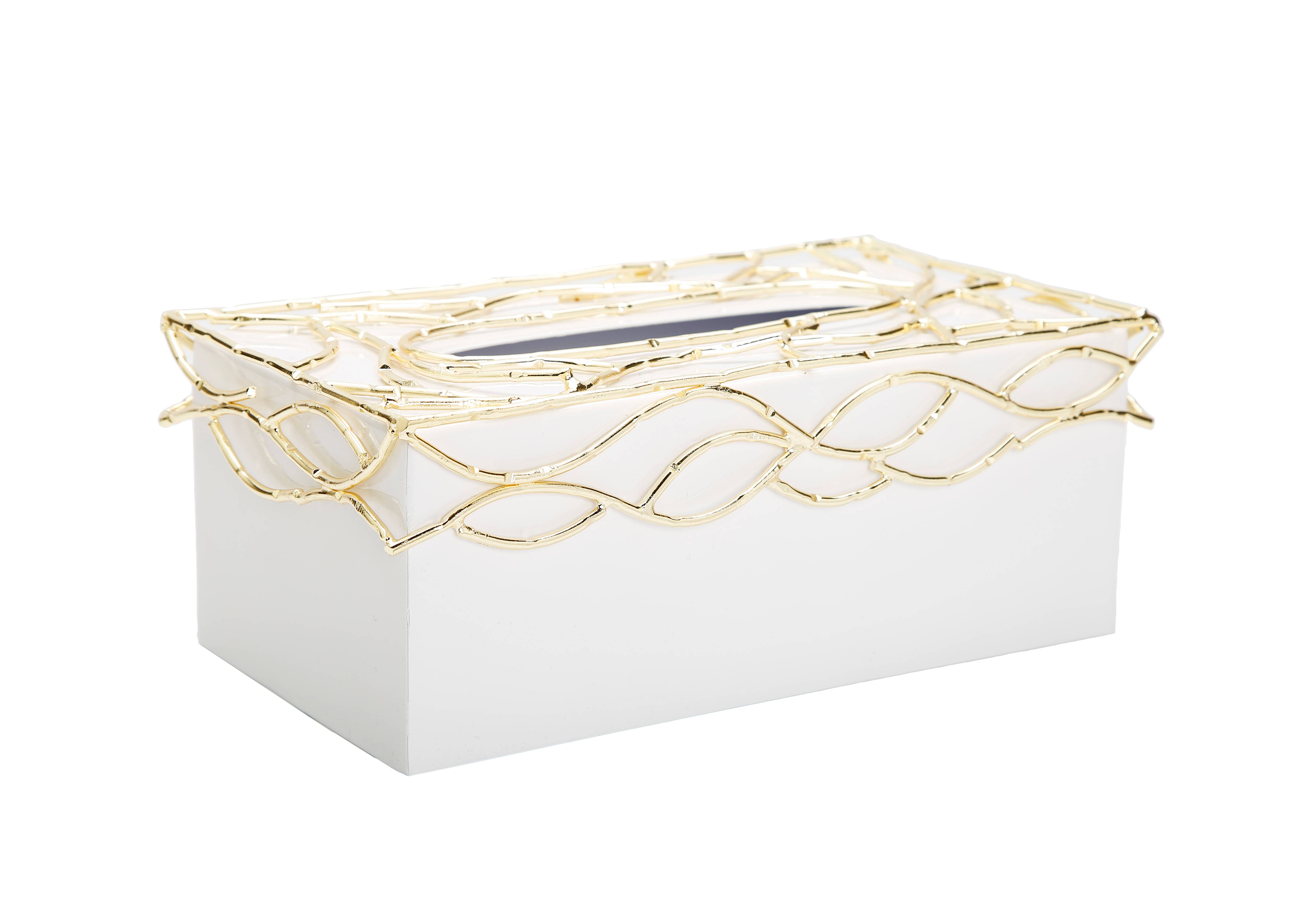 CLASSIC TOUCH DECOR INC. - Wholesale Tissue Box - White Tissue Box Gold Mesh Design on Cover1