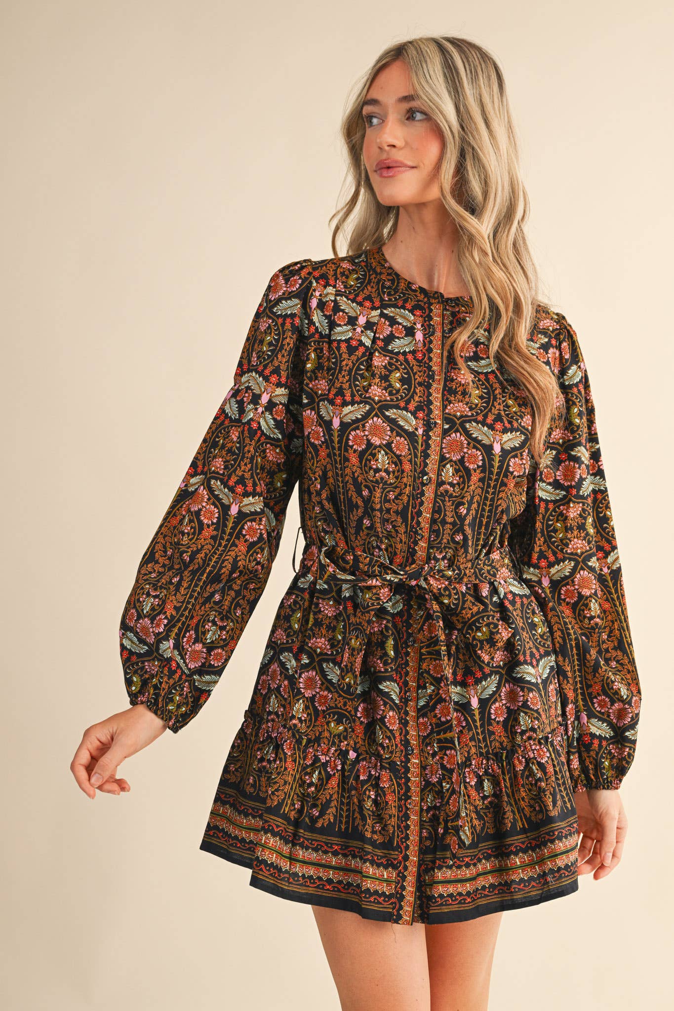 &MERCI - Wholesale Dress - Women's - EXCLUSIVE FLORAL PRINT BUTTON DOWN BELTED MINI DRESS MDR45215
