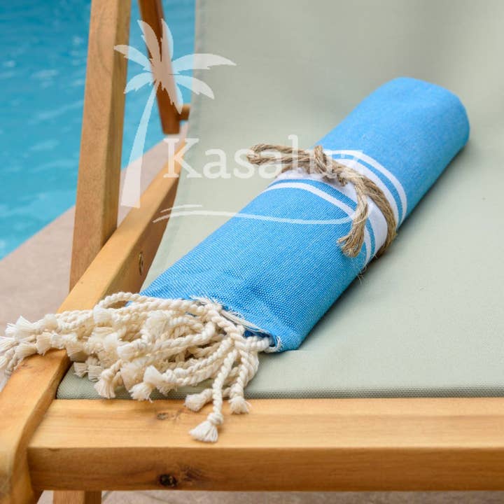 KASALUZ - Vente Serviette de plage - Fouta Auténtica Turquoise Tissage plat 100% coton