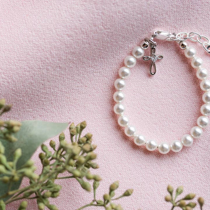 Cherished Moments - Wholesale Beaded Bracelet - Kids - Girls Silver Pearl Baby Baptism Bracelet, 1st Communion Gift