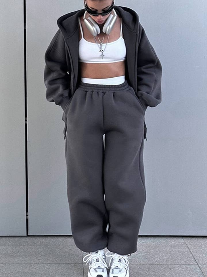 Rosa Clothing - Wholesale Lounge Set - Women's - Sporty Hooded Zip-Up Sweatshirt And Pants Set
