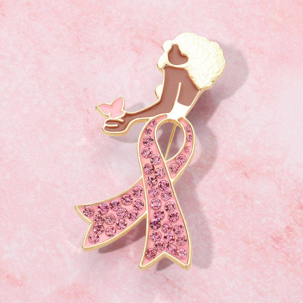Sensibling Corp. - Wholesale Brooch - Stone Paved Pink Ribbon Enamel Afro Woman Pin Brooch6