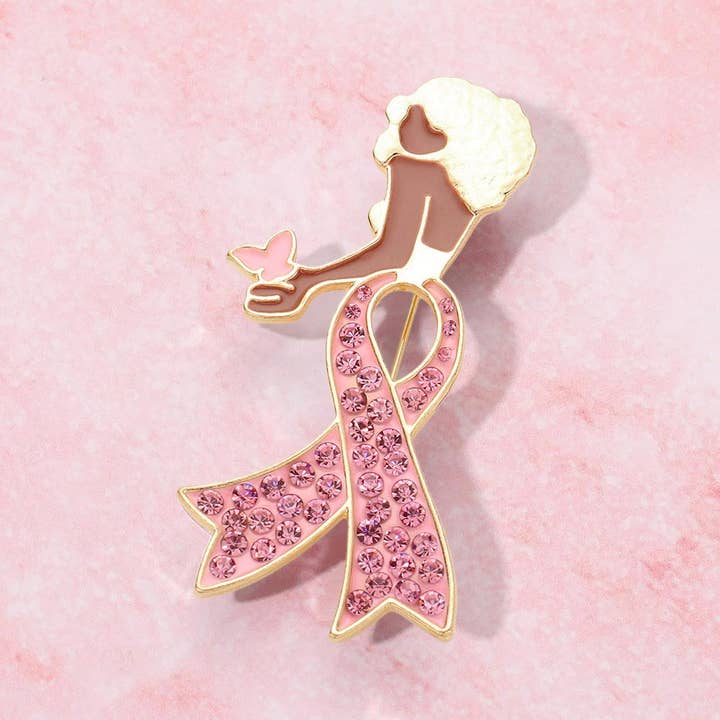 Sensibling Corp. - Wholesale Brooch - Stone Paved Pink Ribbon Enamel Afro Woman Pin Brooch6