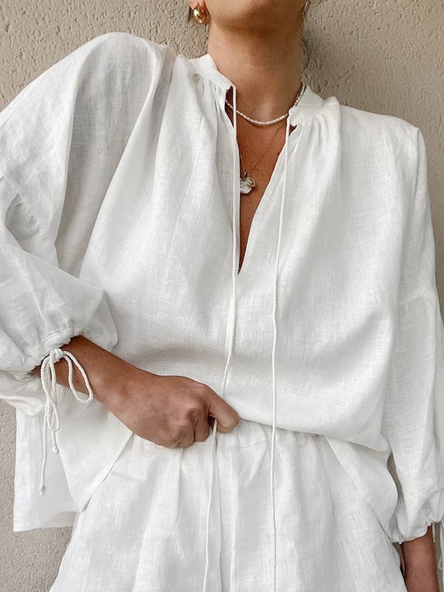 Lily Clothing - Wholesale Top & Short Set (NOT Loungewear) - Women's - Solid color V-neck top shorts cotton linen suit
